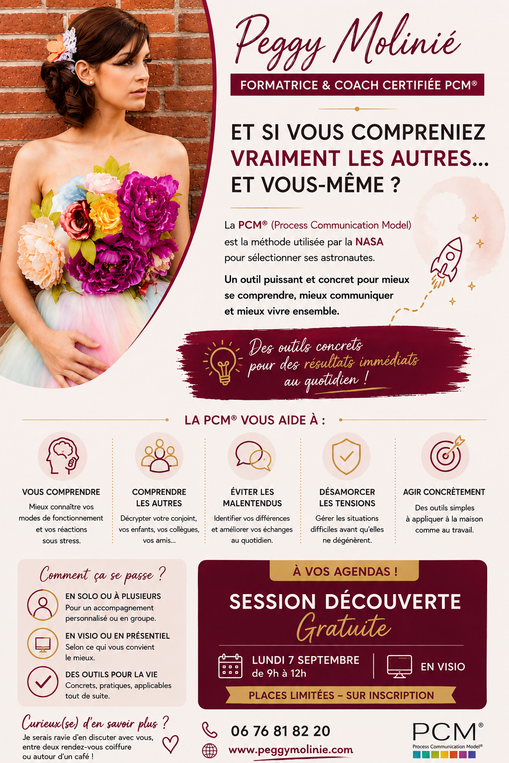 Affiche de la session découverte gratuite PCM avec Peggy Molinié, lundi 7 septembre de 9h à 12h en visio
